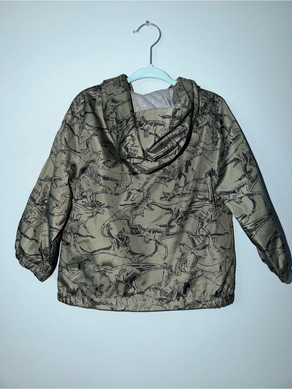 Carter's Olive Green light weight windbreaker/rain coat Dinosaur Hooded Jacket